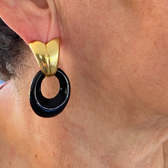 Vintage, 3-in-1, 1960s 18K Gold Earrings w/ Real Jade & Onyx Accessories #401 - Picture 11 of 14